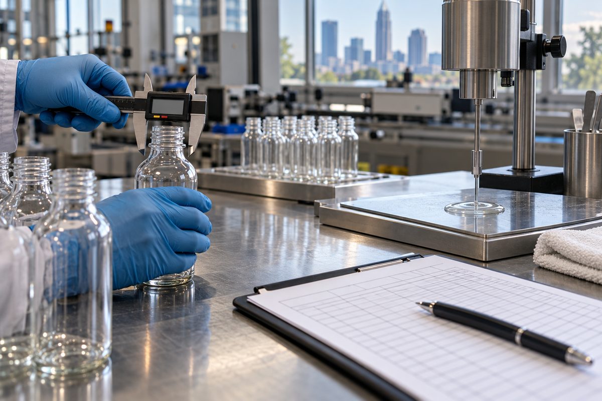 Quality control workstation with measuring calipers and viscosity test records for polish batches