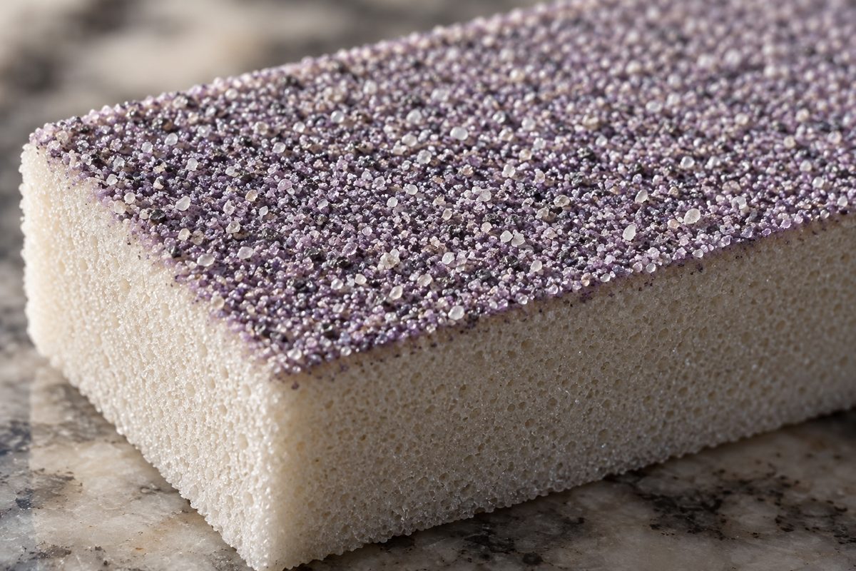 Macro detail of 220-grit abrasive particles on a foam nail buffer surface