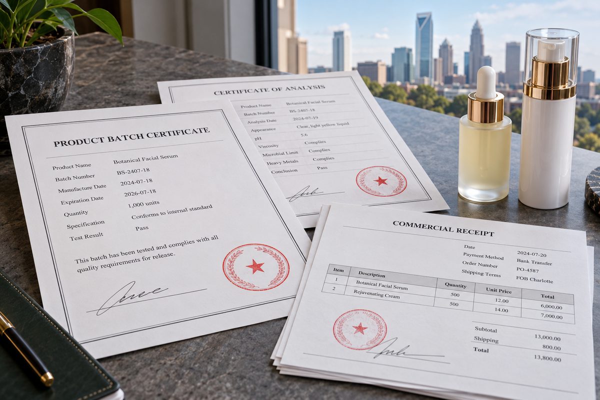 Printed batch quality certificates and commercial invoice documentation on a stone desk