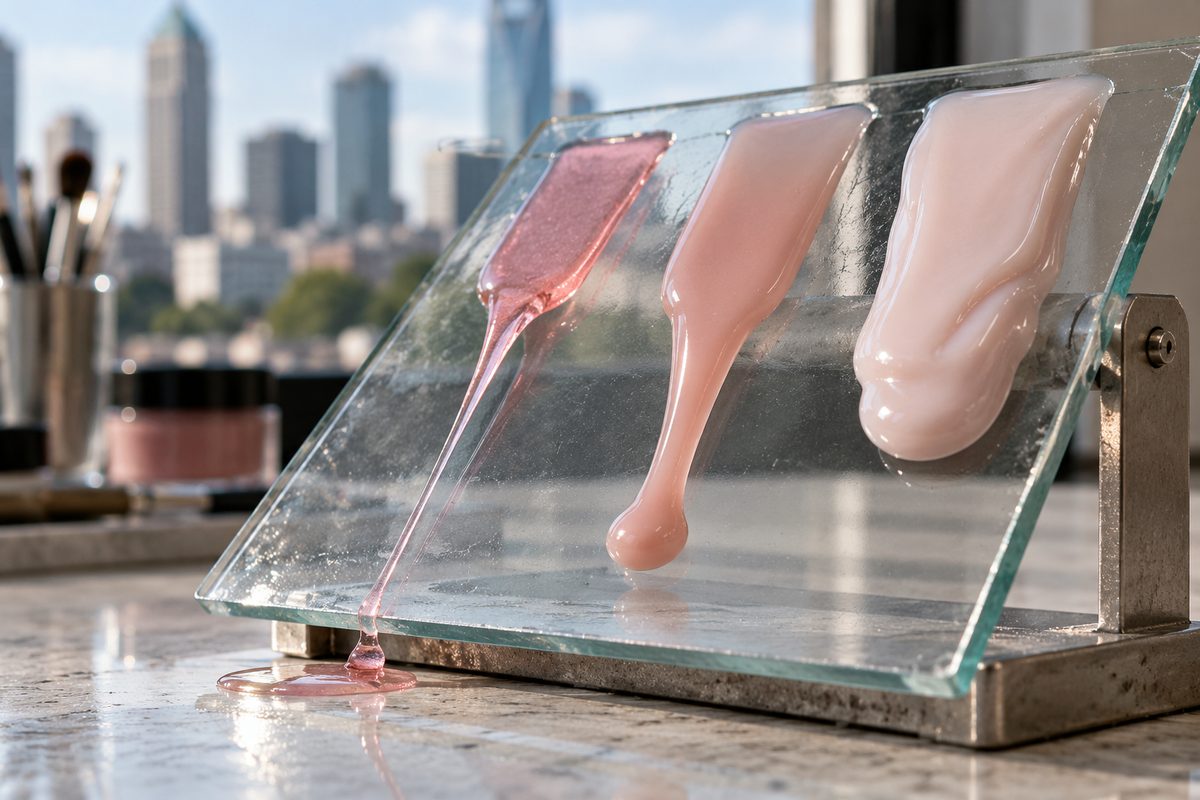 Flow test on inclined glass plate showing viscosity differences between base, color, and top gels
