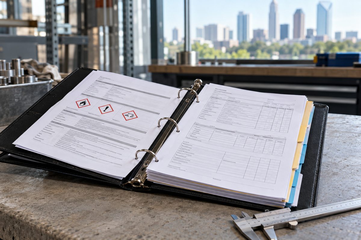 Product safety data dossier and batch documentation open on a stone table