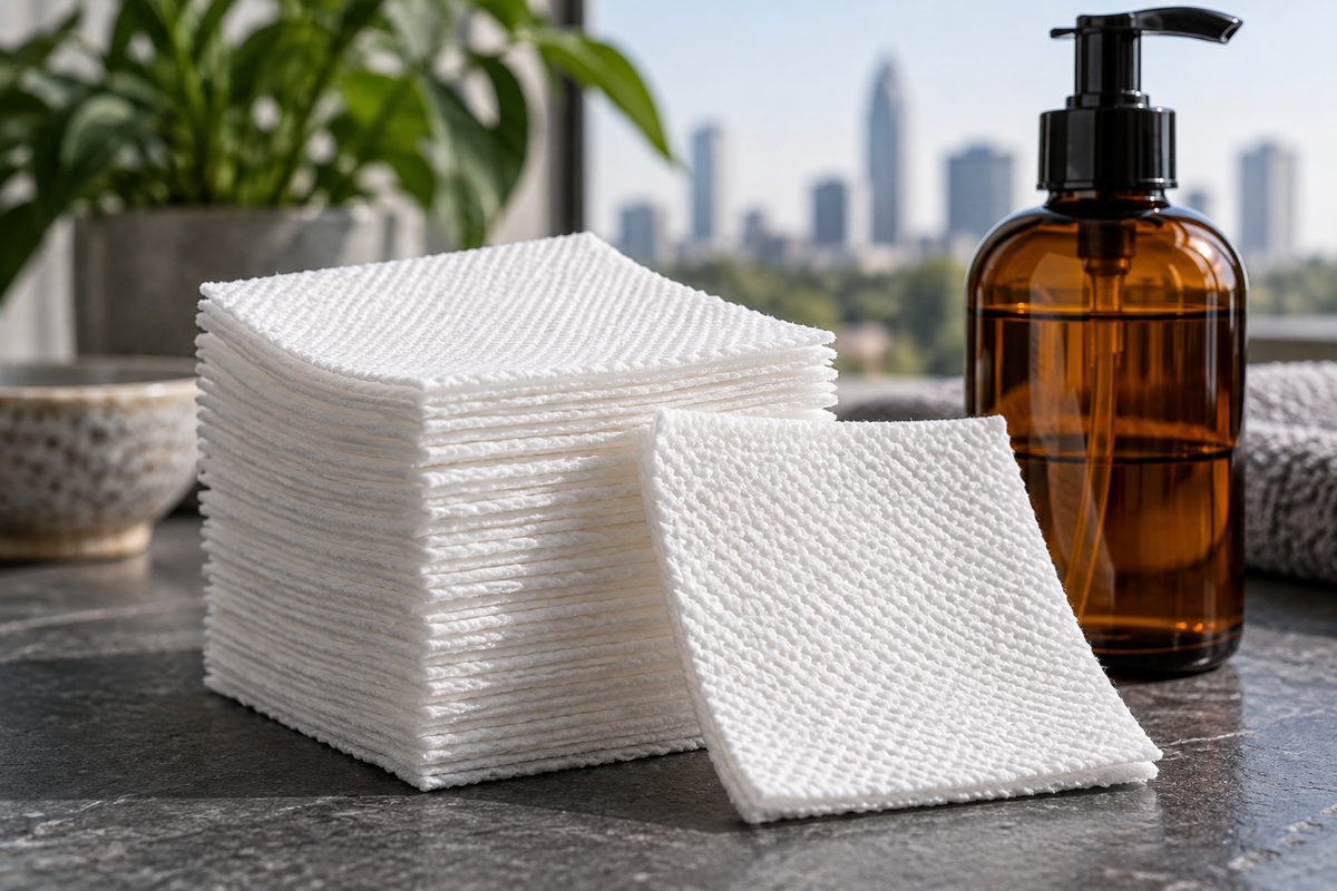 Stack of textured lint-free cellulose nail wipes on a slate worktop