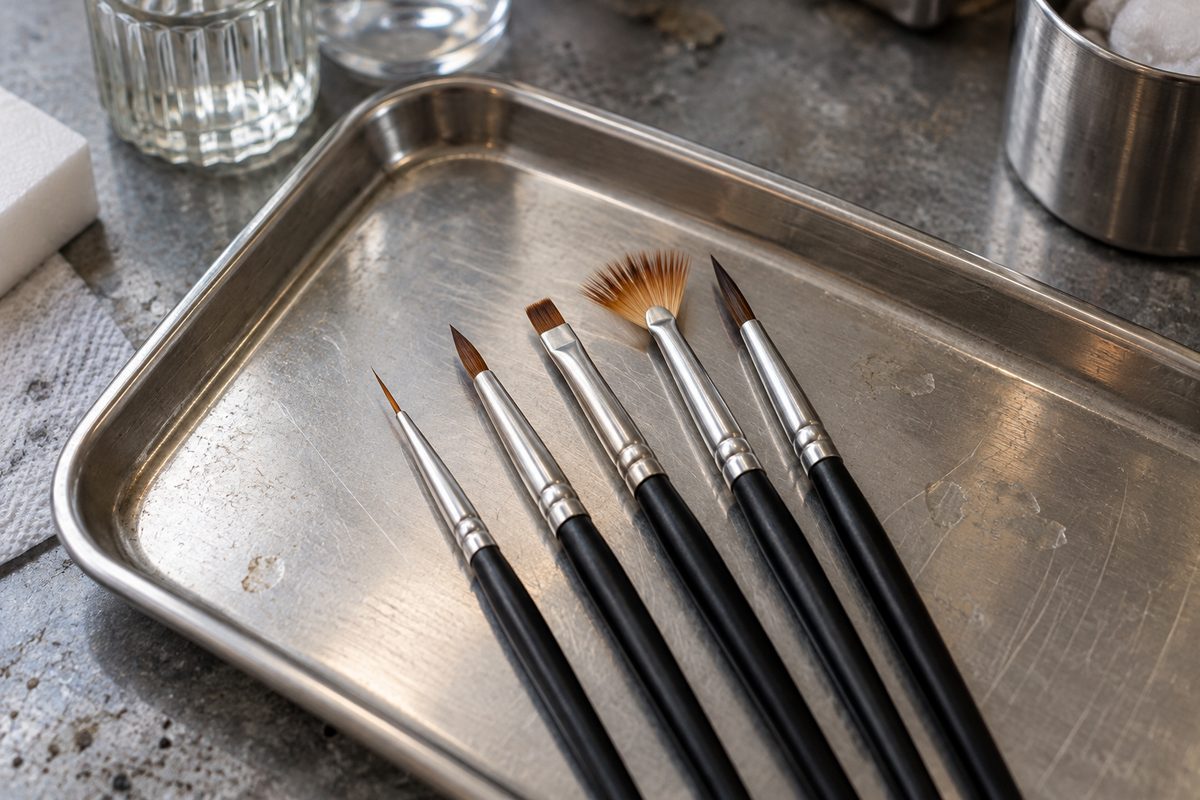 Five professional synthetic Kolinsky manicure brushes laid out on a clean stainless steel studio tray