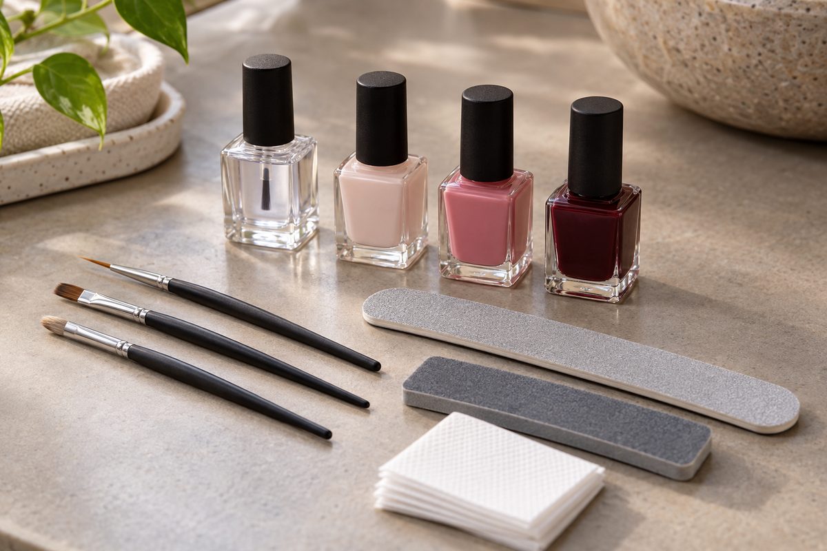 Complete manicure kit showing base coat, top coat, color polishes, brushes, and files arranged on a table