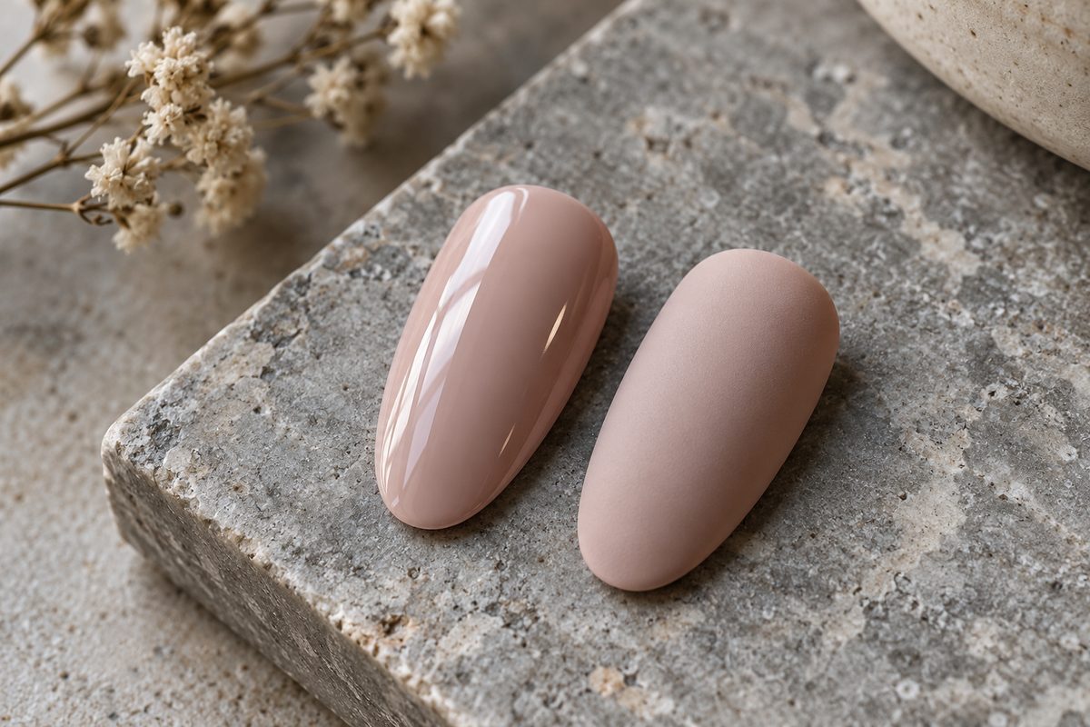 Comparison between high-gloss and velvet matte top coat finishes on demonstration nail tips