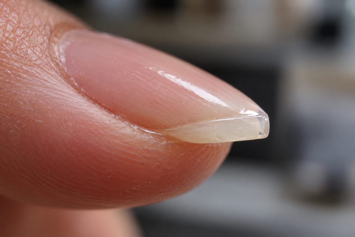Extreme close-up of nail free edge sealed with top coat to prevent lifting