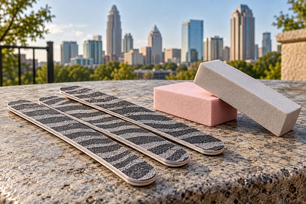 Set of 100/180 grit zebra nail files and dense buffer blocks on a stone bench