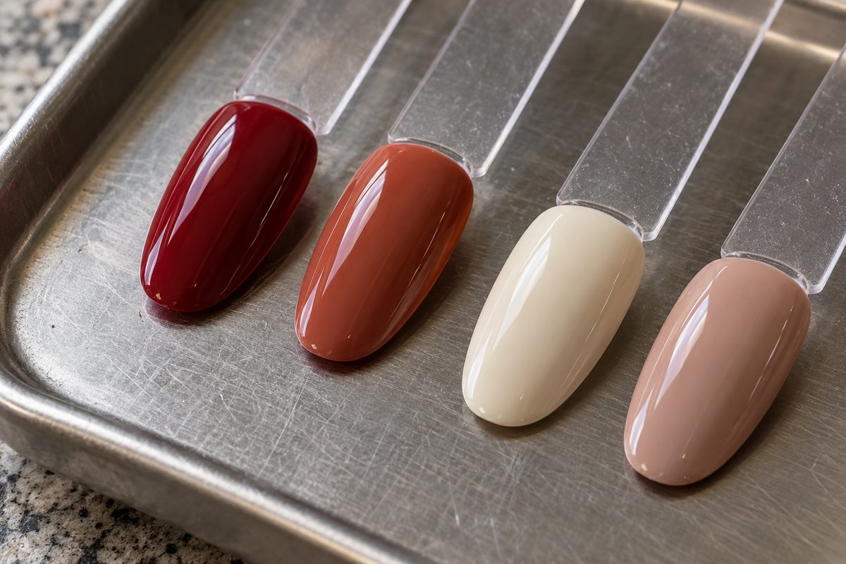 Gel polish color swatches displaying full pigment opacity on plastic test tips