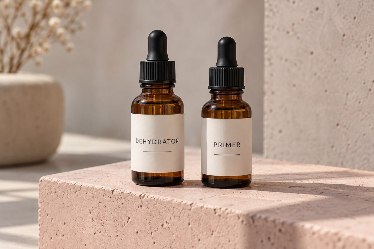 Nail plate dehydrator and acid-free bonding primer glass bottles on a concrete pedestal