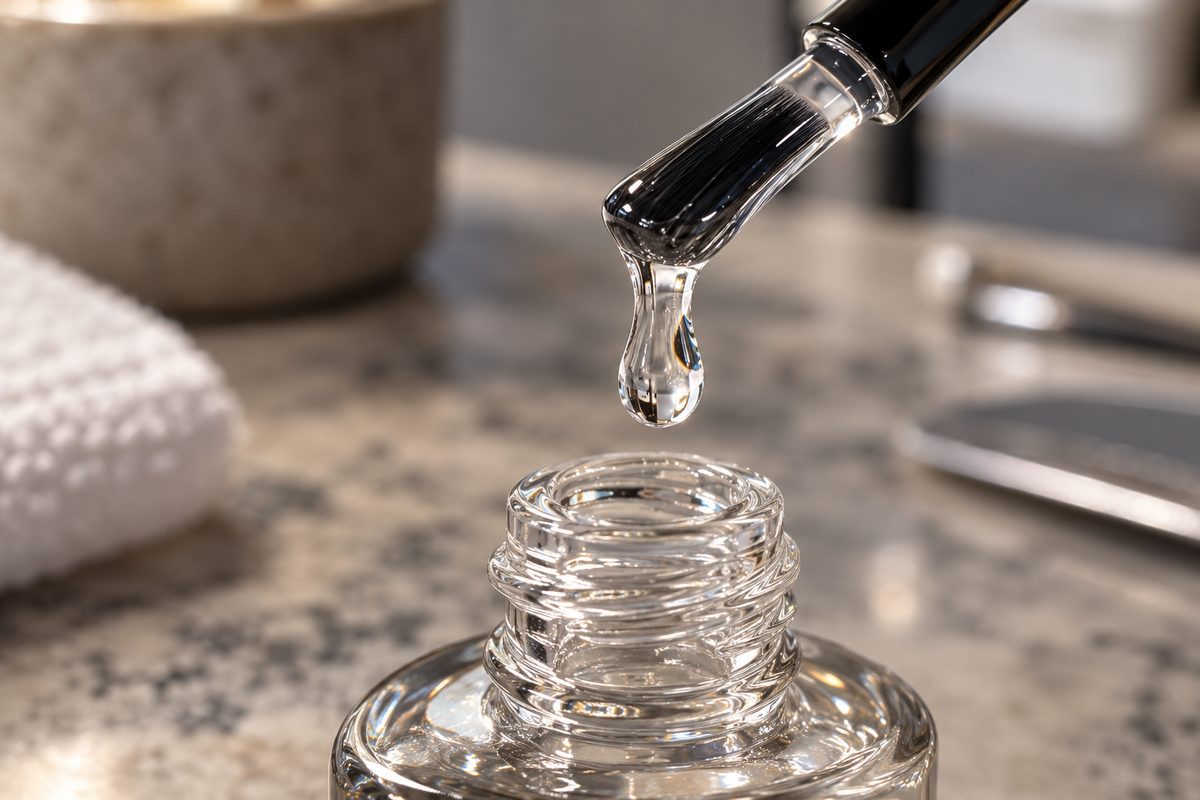 Macro view of high-viscosity rubber base coat droplet on brush bristle showing thick self-leveling consistency