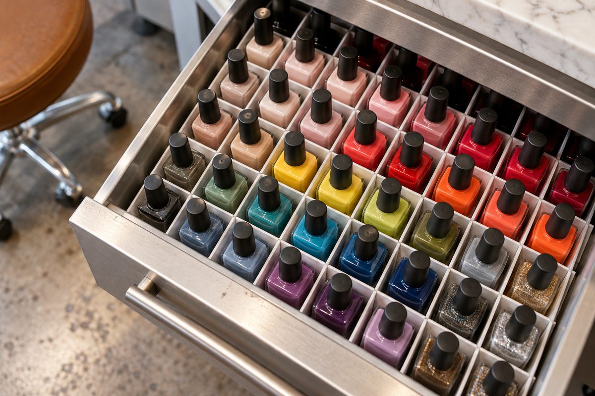 Organized studio drawer holding gel polish bottles in custom grid dividers