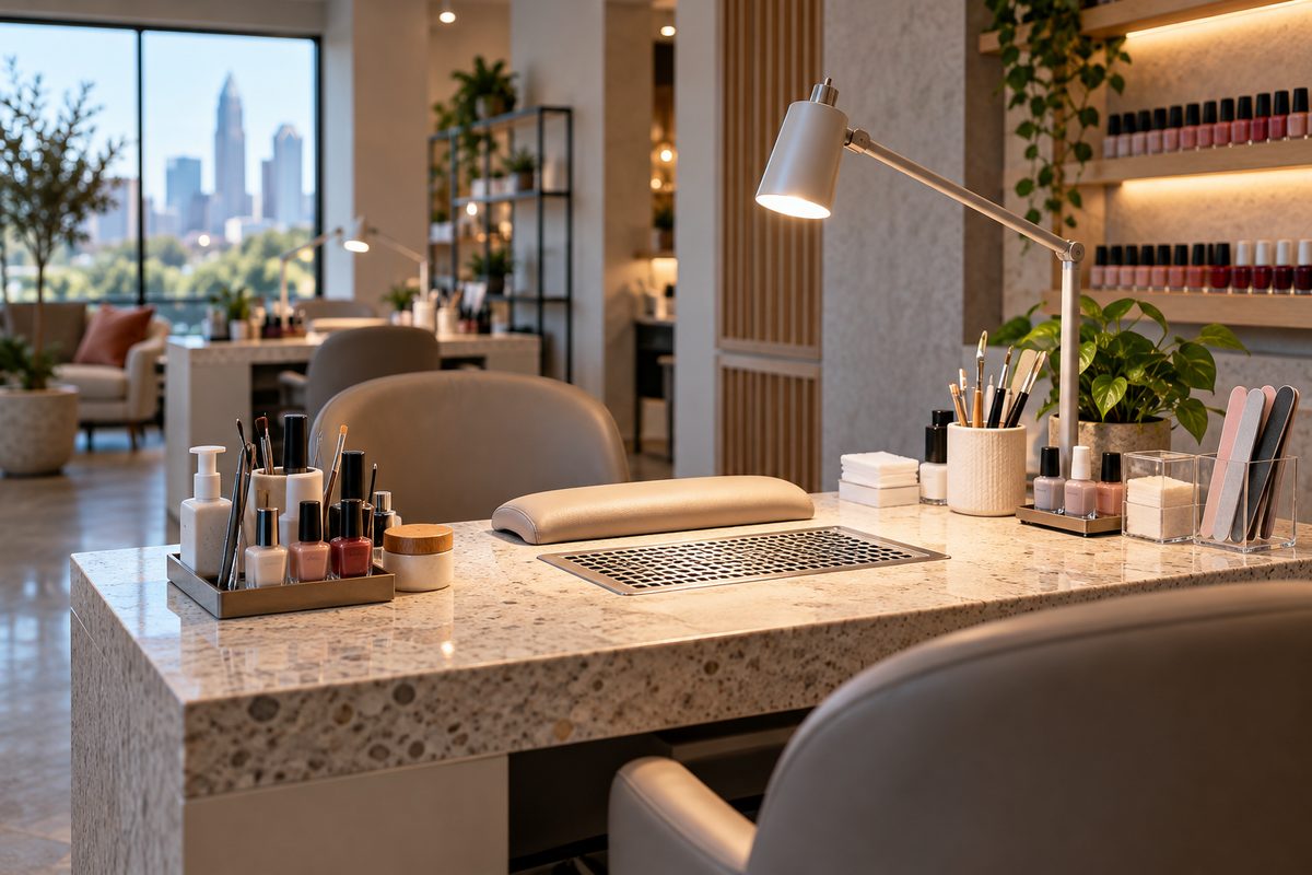 Professional nail studio workstation with stone tabletop and organized manicure tools in Charlotte