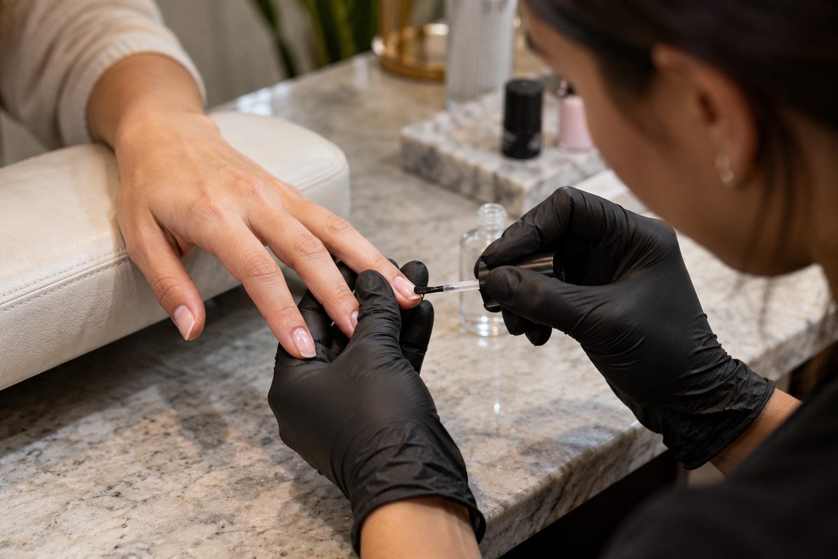 Nail technician in nitrile gloves applying a thin base coat layer to a natural nail plate