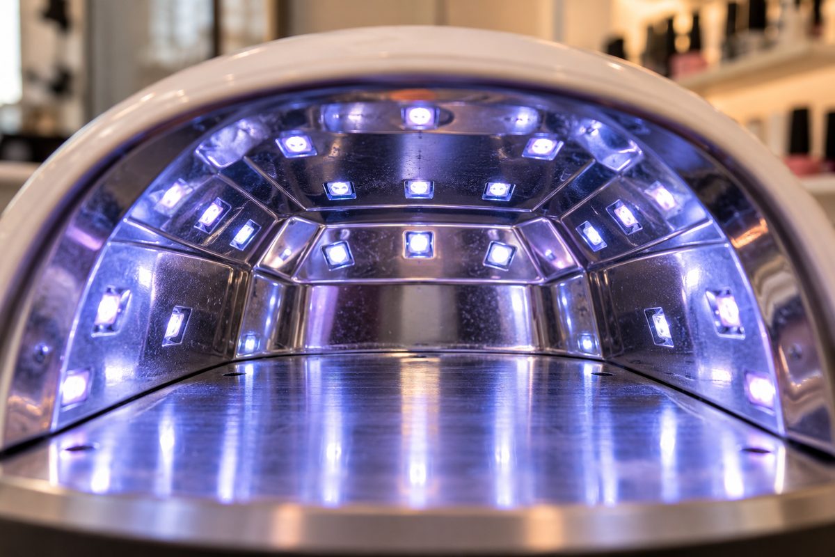 Interior view of UV/LED curing lamp showing diode placement and reflective curing chamber