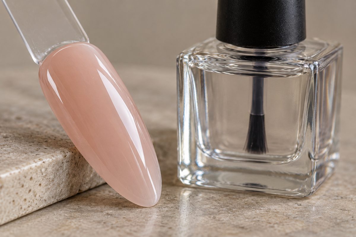 High-gloss scratch-resistant top coat on demonstration nail plate beside a 15ml bottle