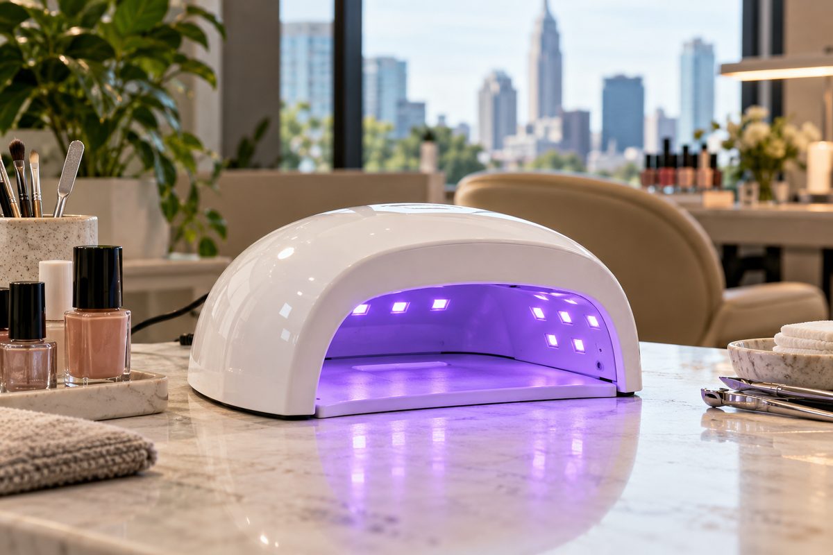 Modern 48-watt dual-wavelength UV/LED nail curing lamp on a salon workstation
